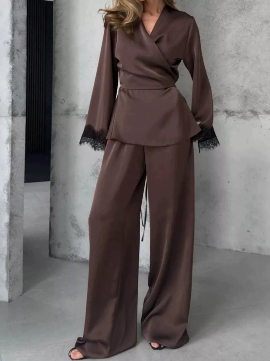 Lace Trim Wrap Top and Pants Set