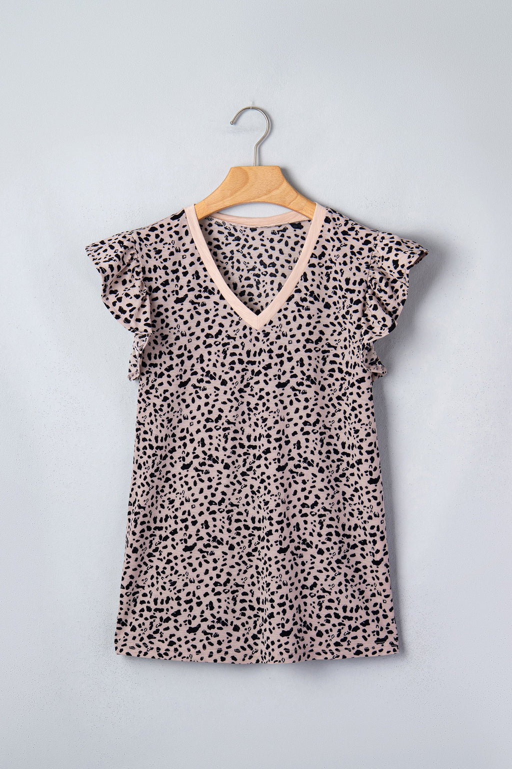 Black Cheetah Print V Neck Ruffle Trim Loose Tank Top