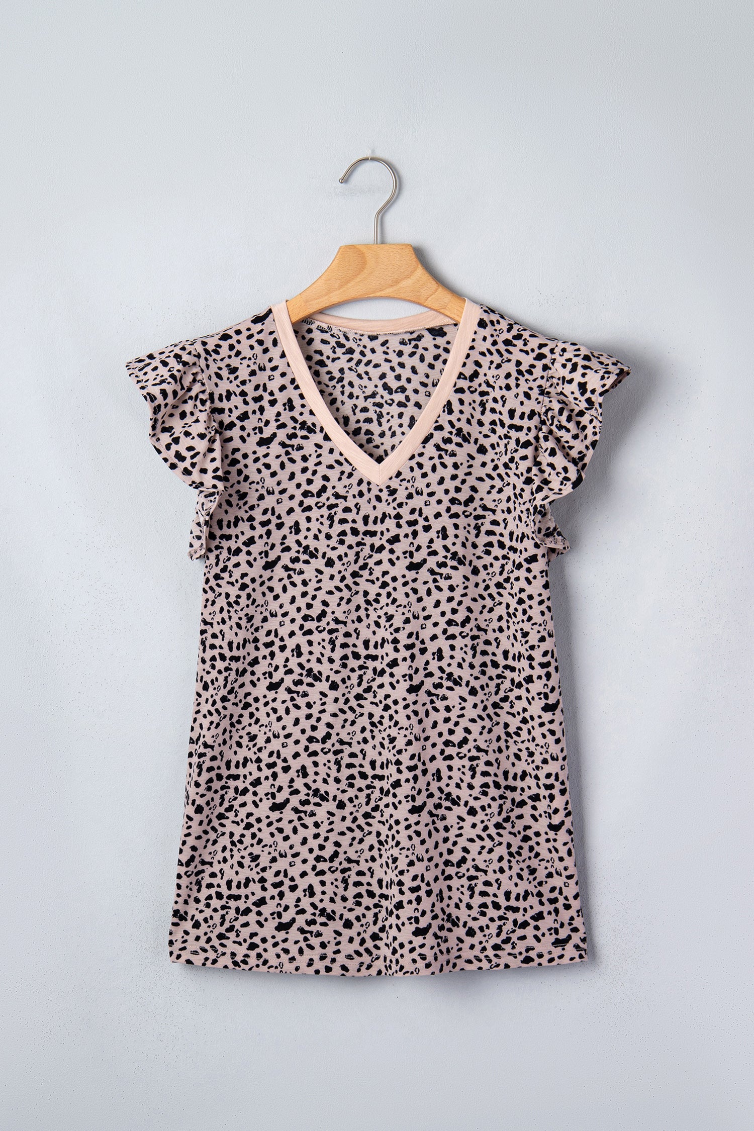 Black Cheetah Print V Neck Ruffle Trim Loose Tank Top