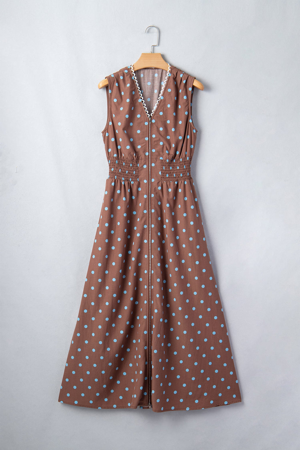 Brown Polka Dot Print Contrast Trim V Neck Zip Up Sleeveless Dress