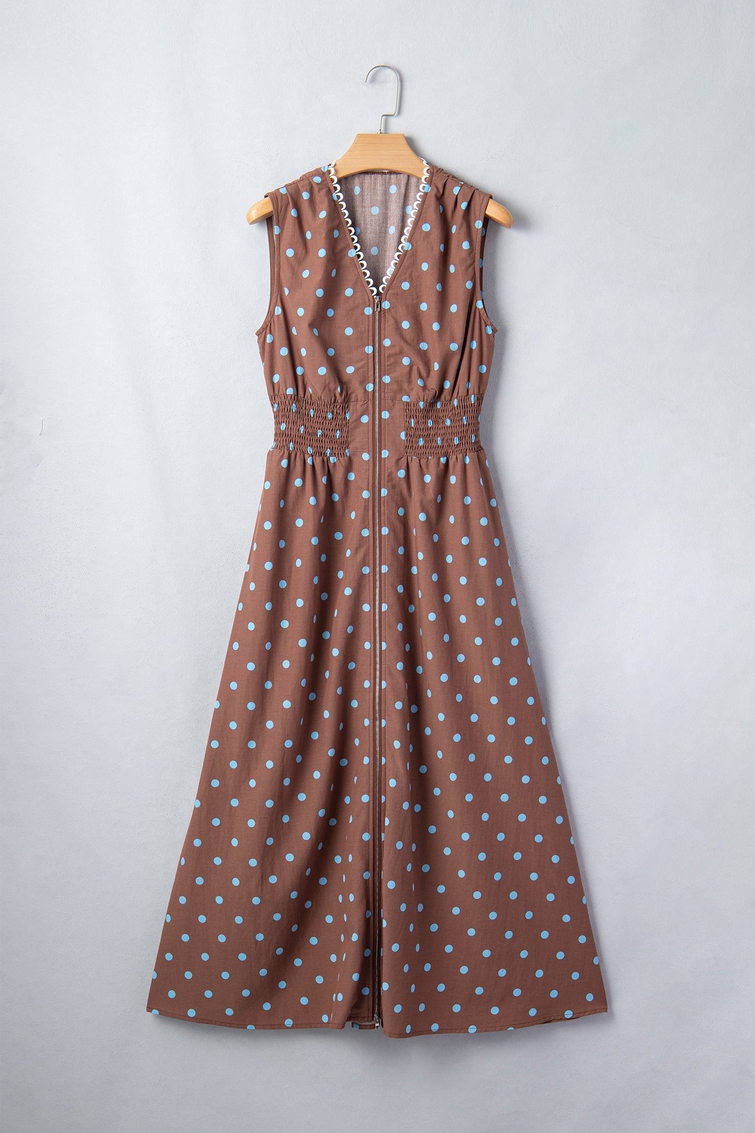 Brown Polka Dot Print Contrast Trim V Neck Zip Up Sleeveless Dress