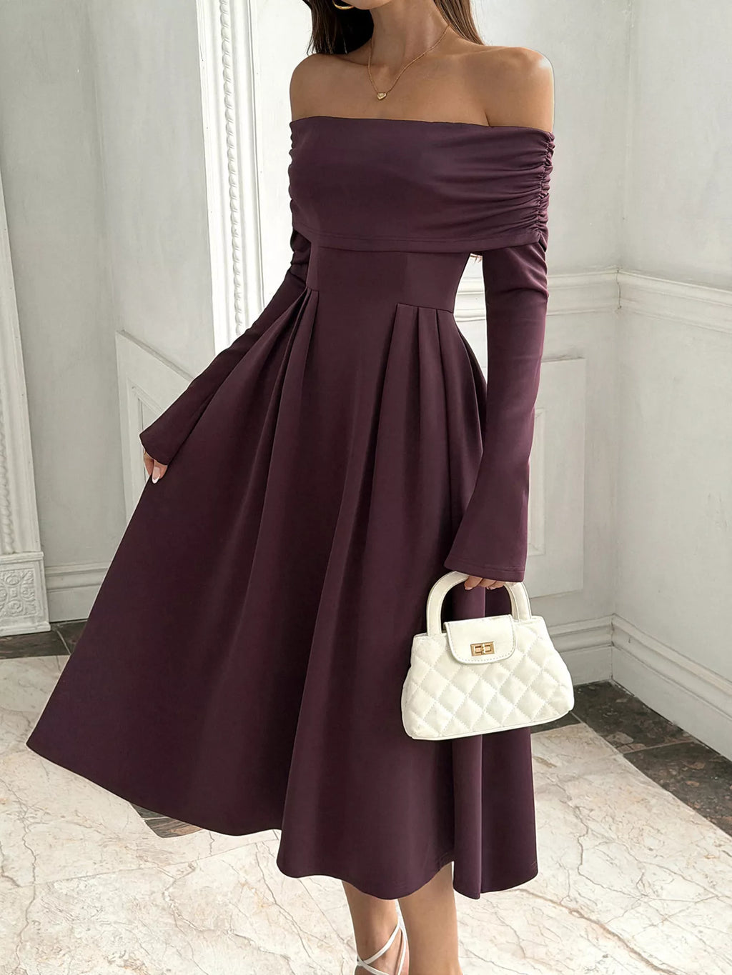 Off-Shoulder Long Sleeve Midi Dress