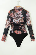 Brown Floral Mesh Long Sleeve High Neck Bodysuit