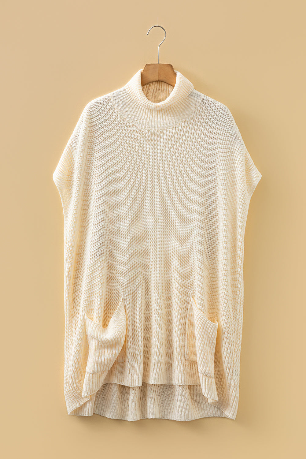 Solid Turtleneck Short Sleeve Pocketed Tunic Sweater