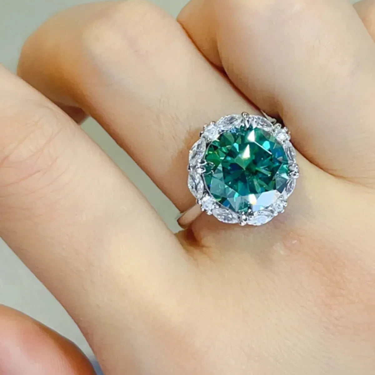 5 Carat Round Moissanite Halo Ring in Dark Green, 925 Silver