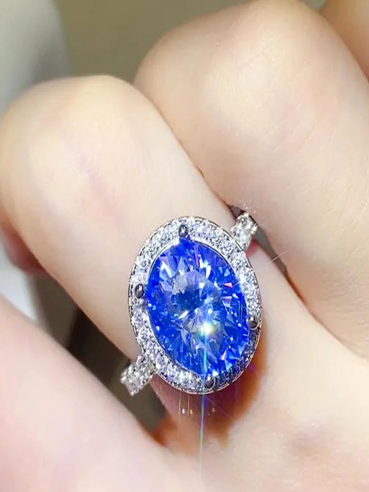 5 Carat Oval Moissanite Blue Halo Ring in 925 Sterling Silver