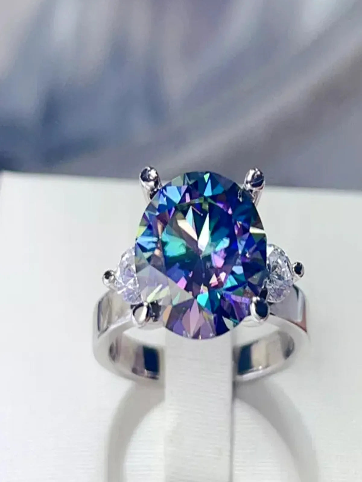 5 Carat Moissanite Sterling Silver Round Iridescent Ring