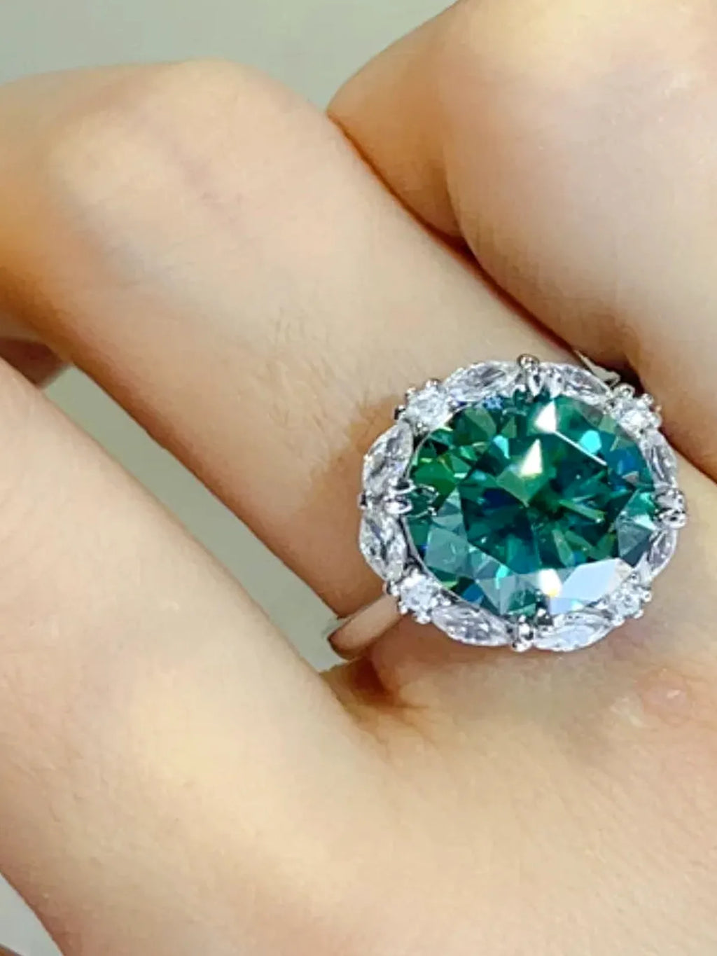 5 Carat Round Moissanite Halo Ring in Dark Green, 925 Silver