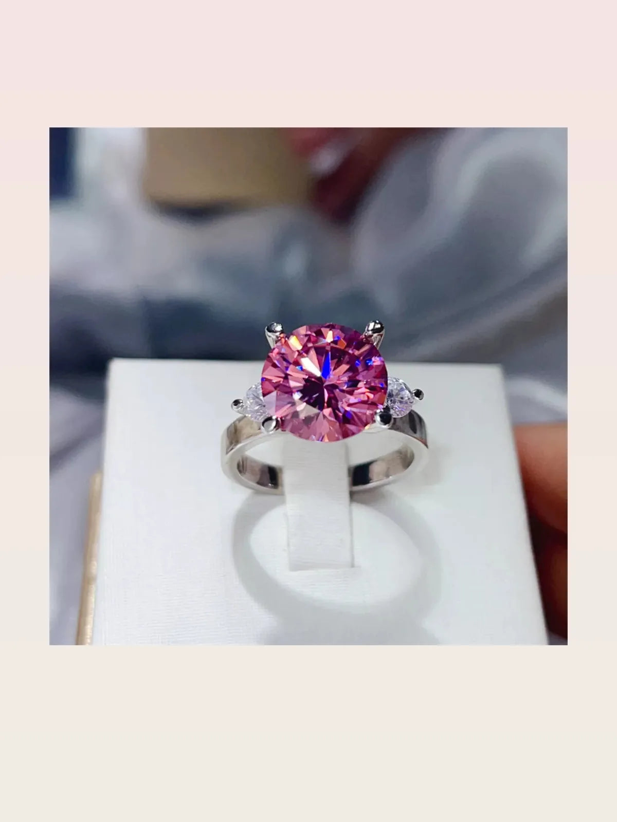 5 Carat Moissanite Sterling Silver Round Pink Gemstone Ring
