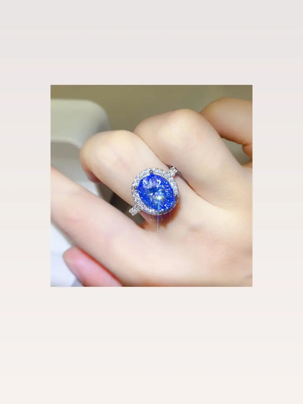5 Carat Oval Moissanite Blue Halo Ring in 925 Sterling Silver