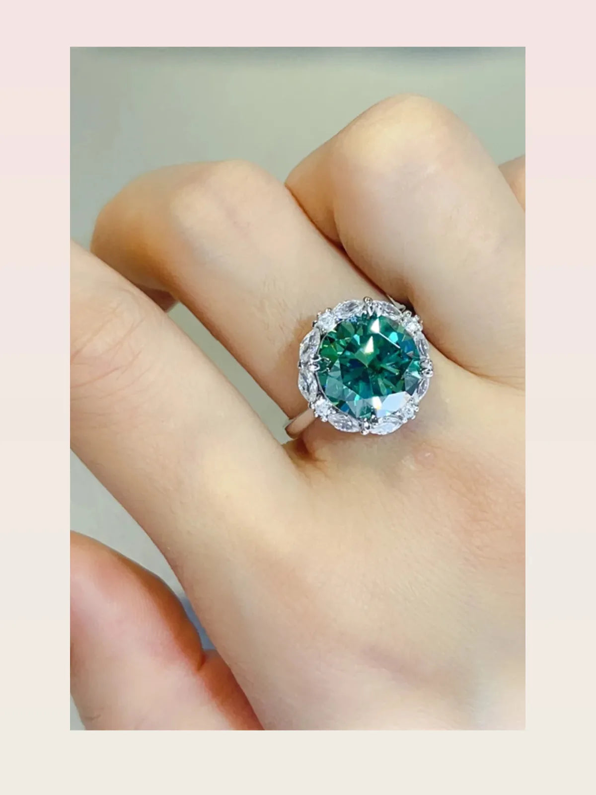 5 Carat Round Moissanite Halo Ring in Dark Green, 925 Silver