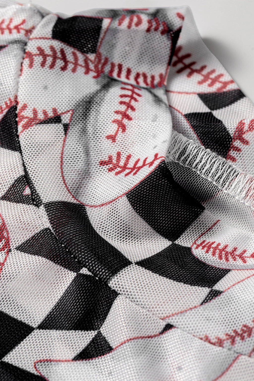 Black Checkered Baseball Bow Print High Neck Long Sleeve Mesh Top