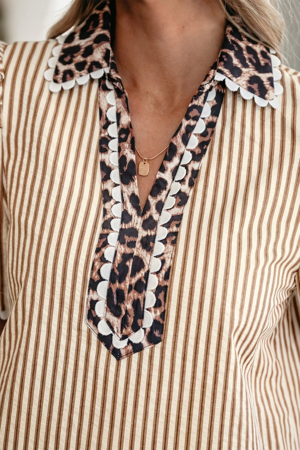 Brown Stripe Ricrac Trim Short Puff Sleeve Leopard Patchwork Collar V Neck Blouse