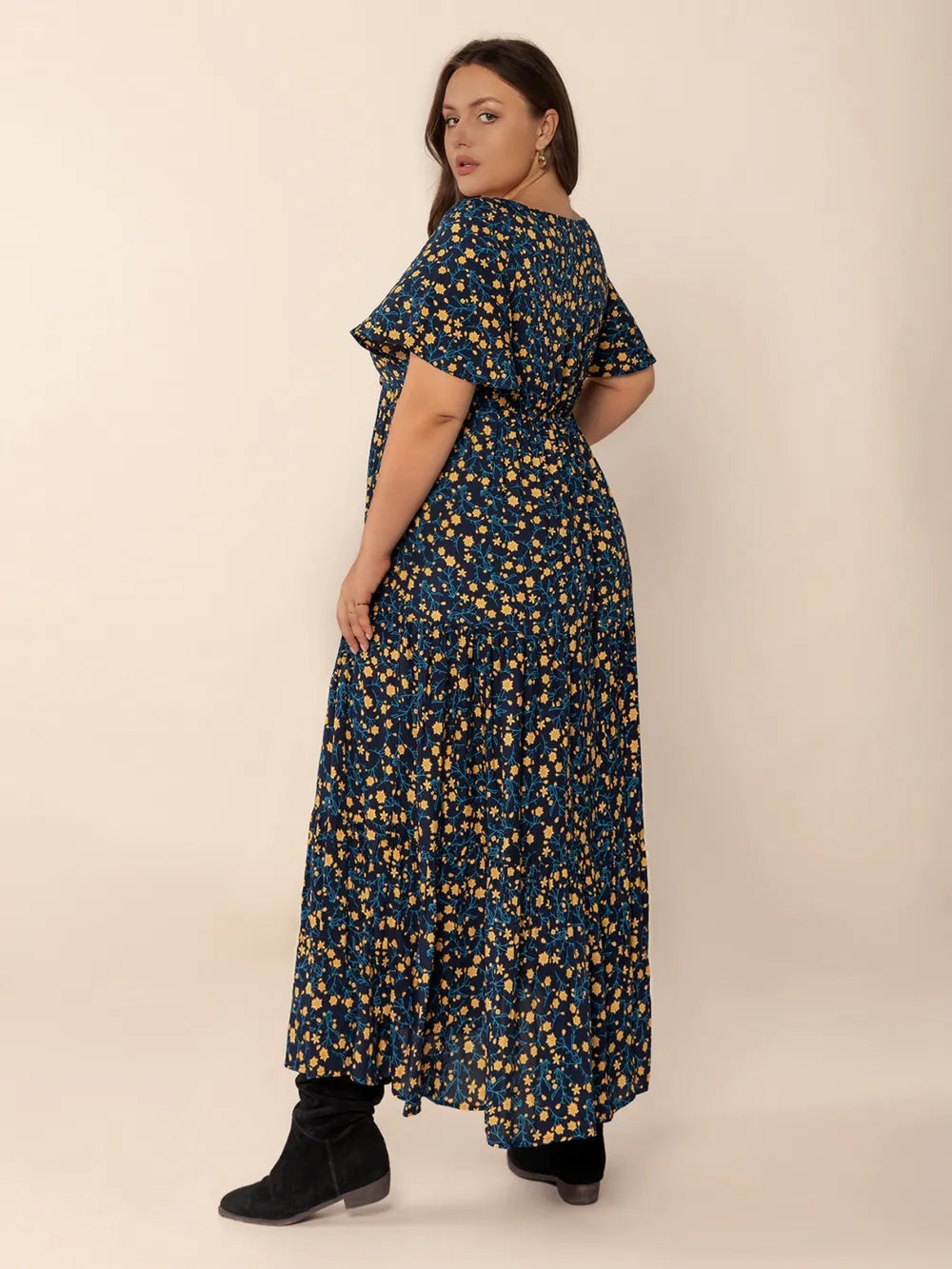 Printed Short Sleeve Slit Tiered Maxi Dress