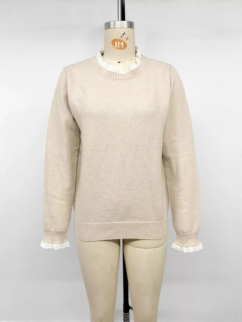 Elegant Lace Trim Round Neck Sweater