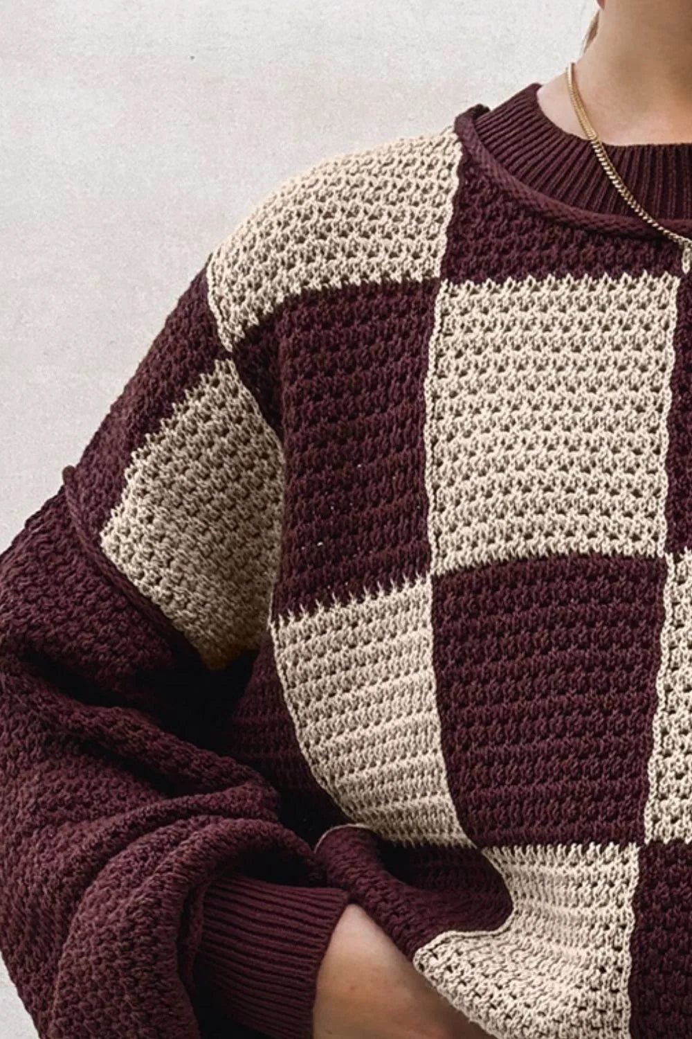 Checkerboard Dropped Shoulder Sweater