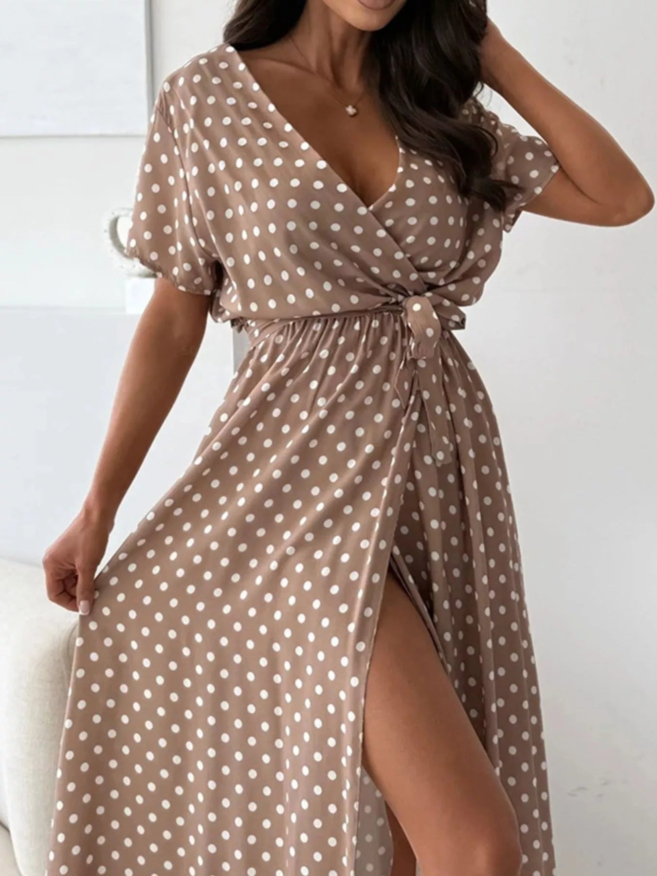 Polka Dot Surplice Maxi Dress with Slit