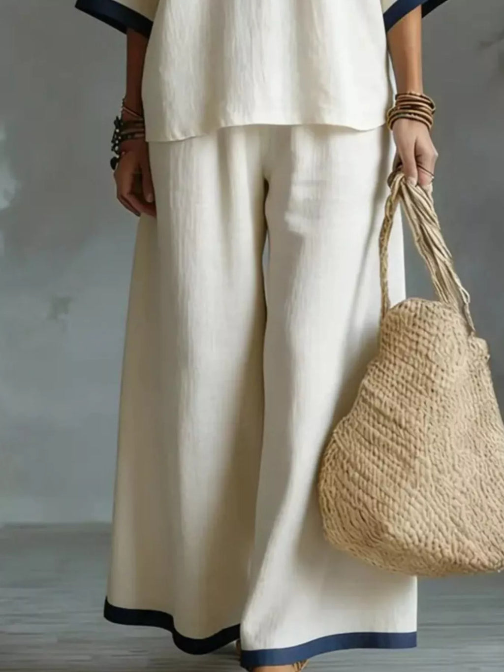 Full Size Contrast Trim V-Neck Top and Pants Set Plus Size