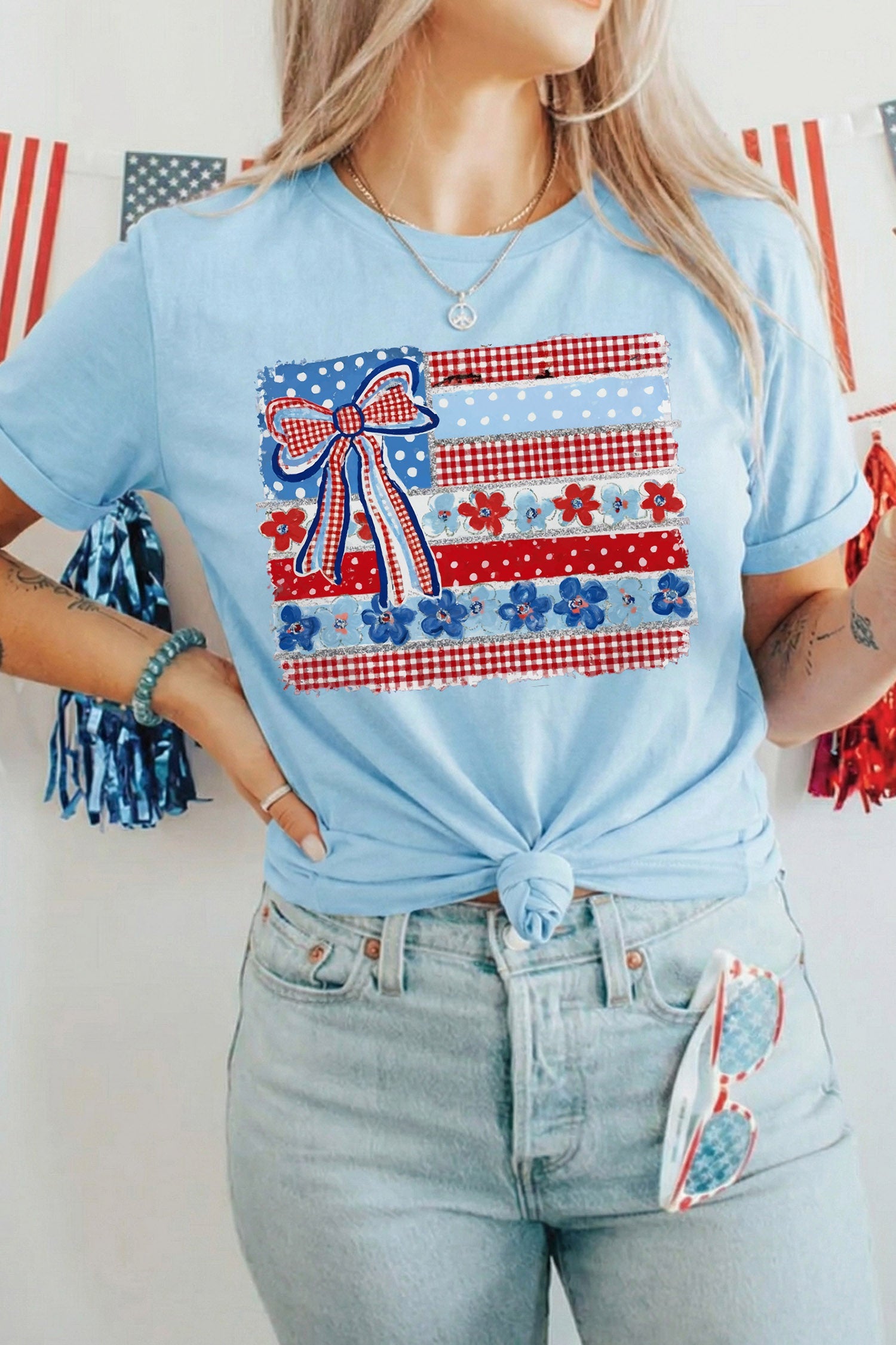 Light Blue Faux Patchwork Printed Coquette American Flag Graphic Tee