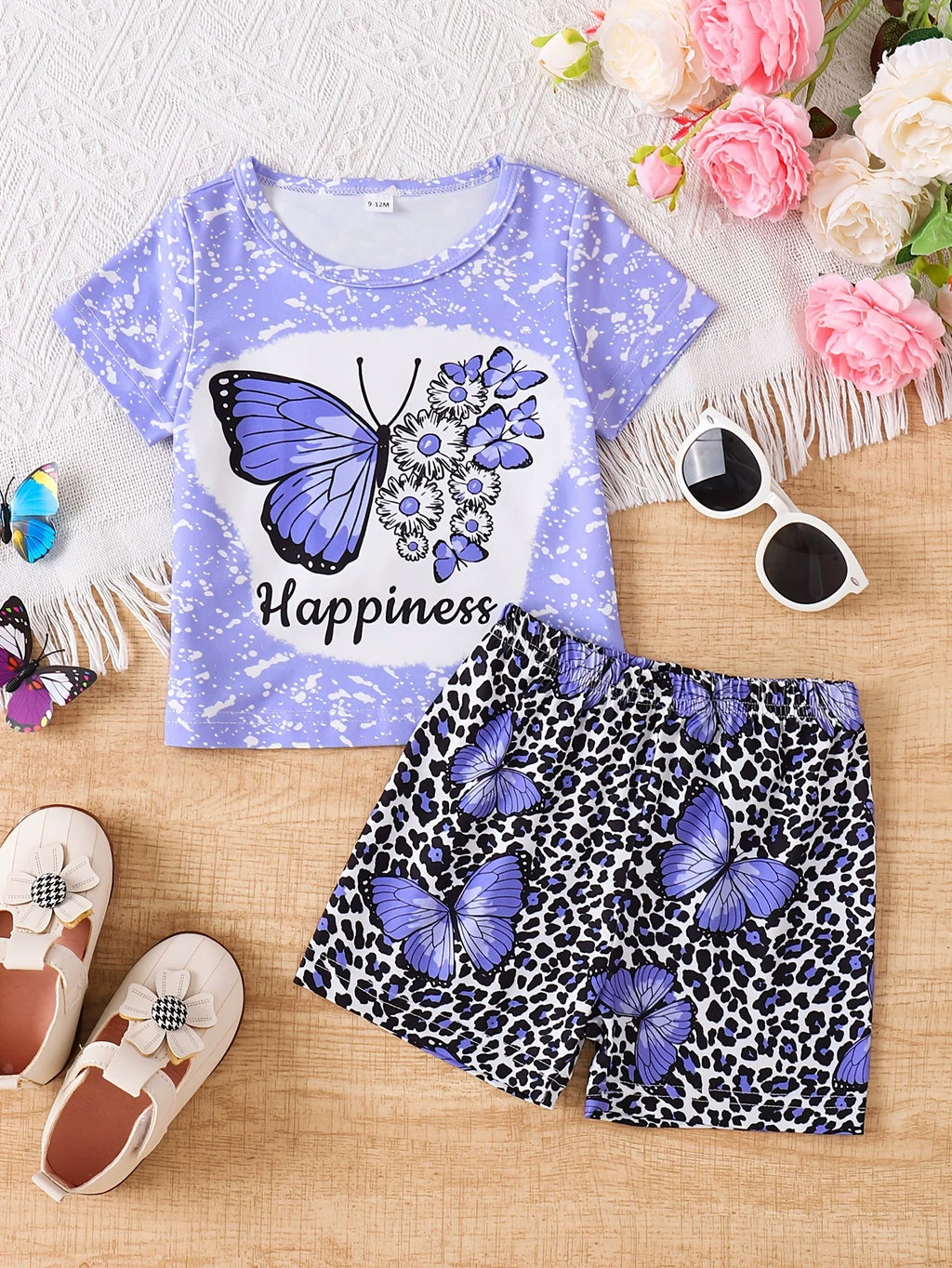 Children's Butterfly Round Neck Tee and Shorts Set