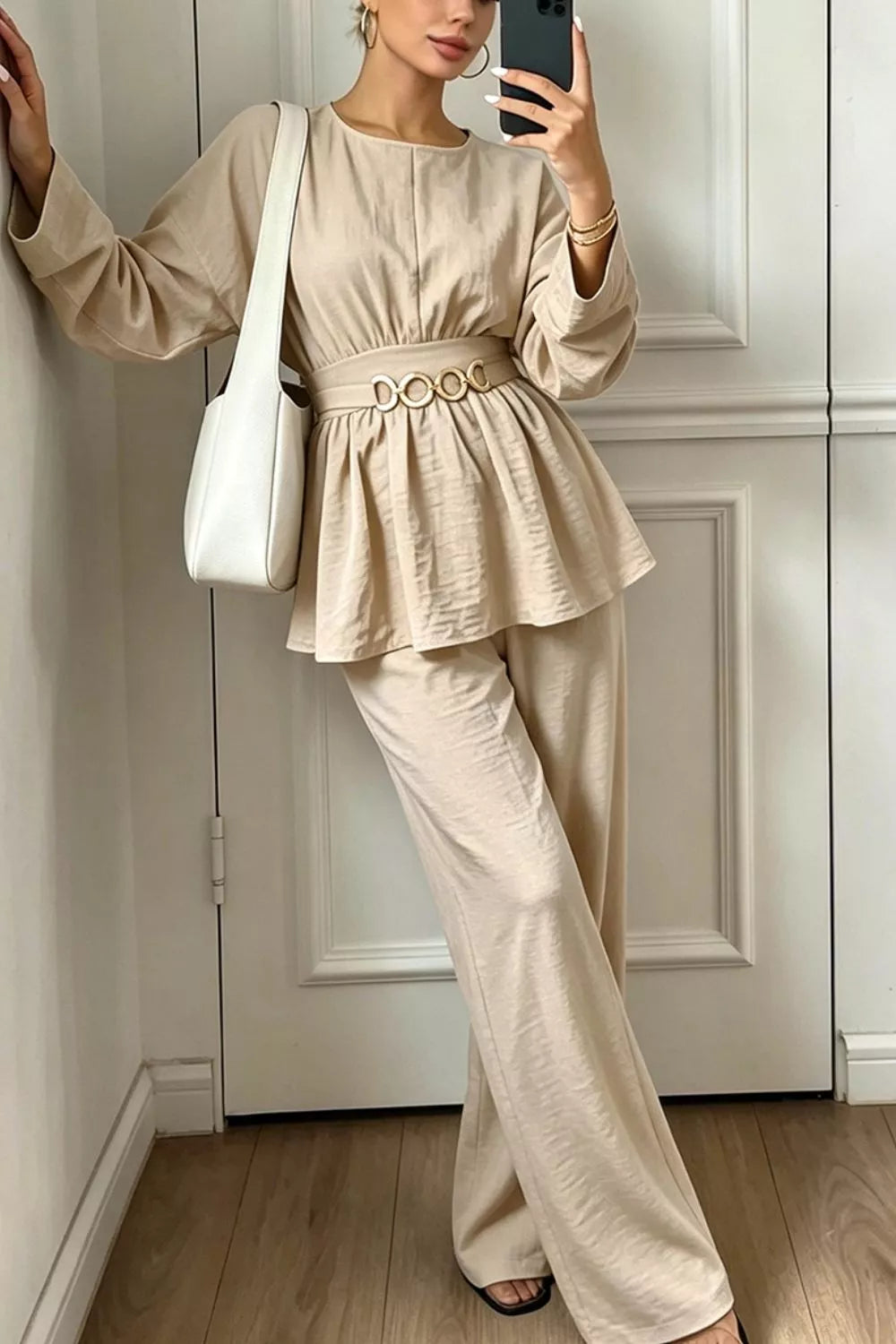 Metal Chain Waist Detail Top and Pants Set