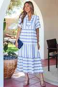 Sky Blue Stripe Ricrac Trim Notched Neck Half Sleeve Vacation Dress