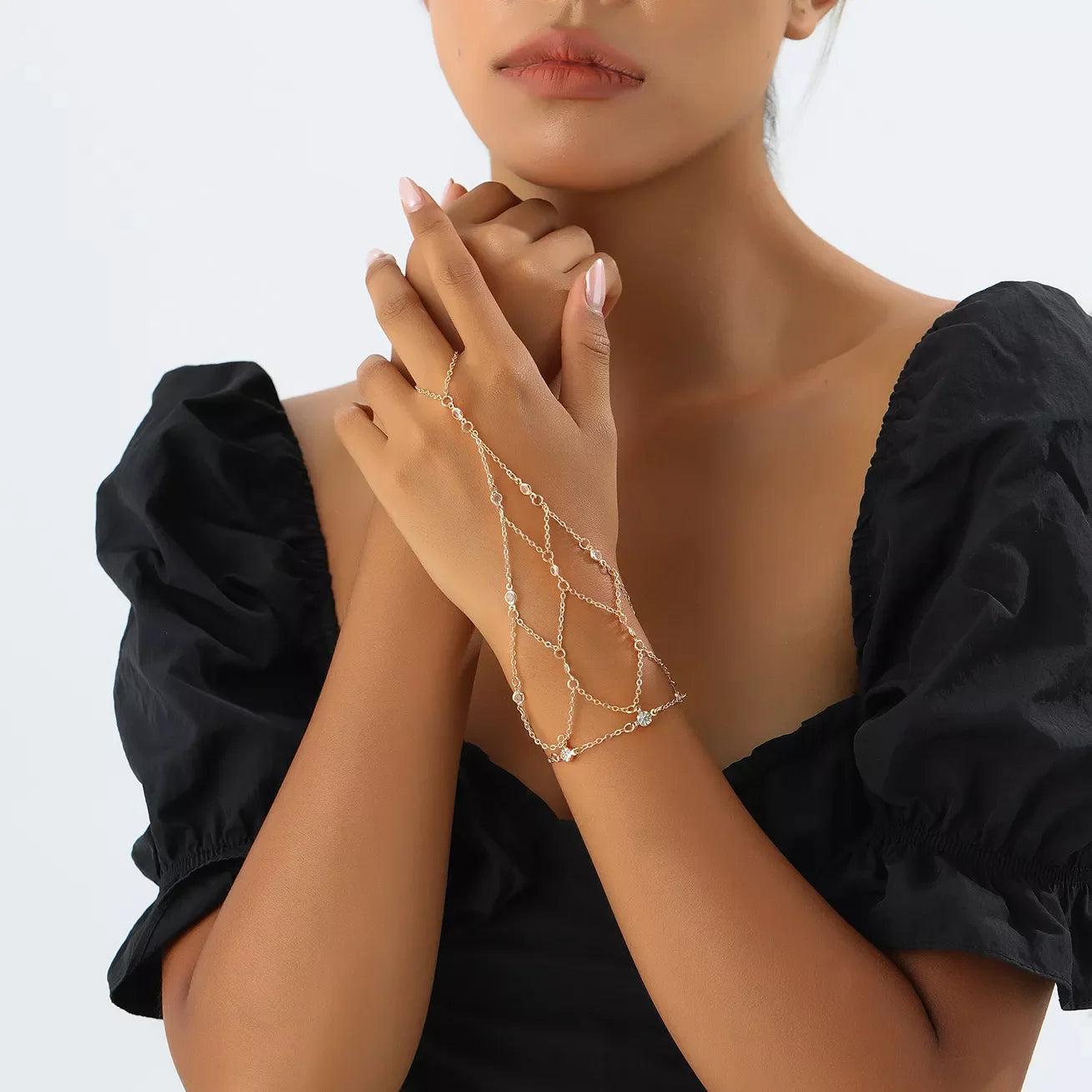 Elegant Gold Chain Hand Bracelet with Rhinestone Accents