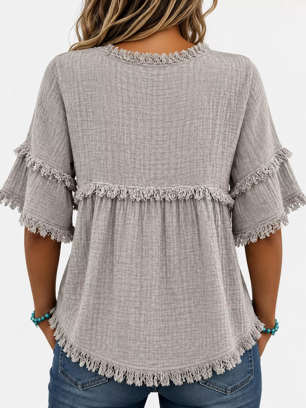 Full Size Frayed Edge Textured Blouse Plus Size