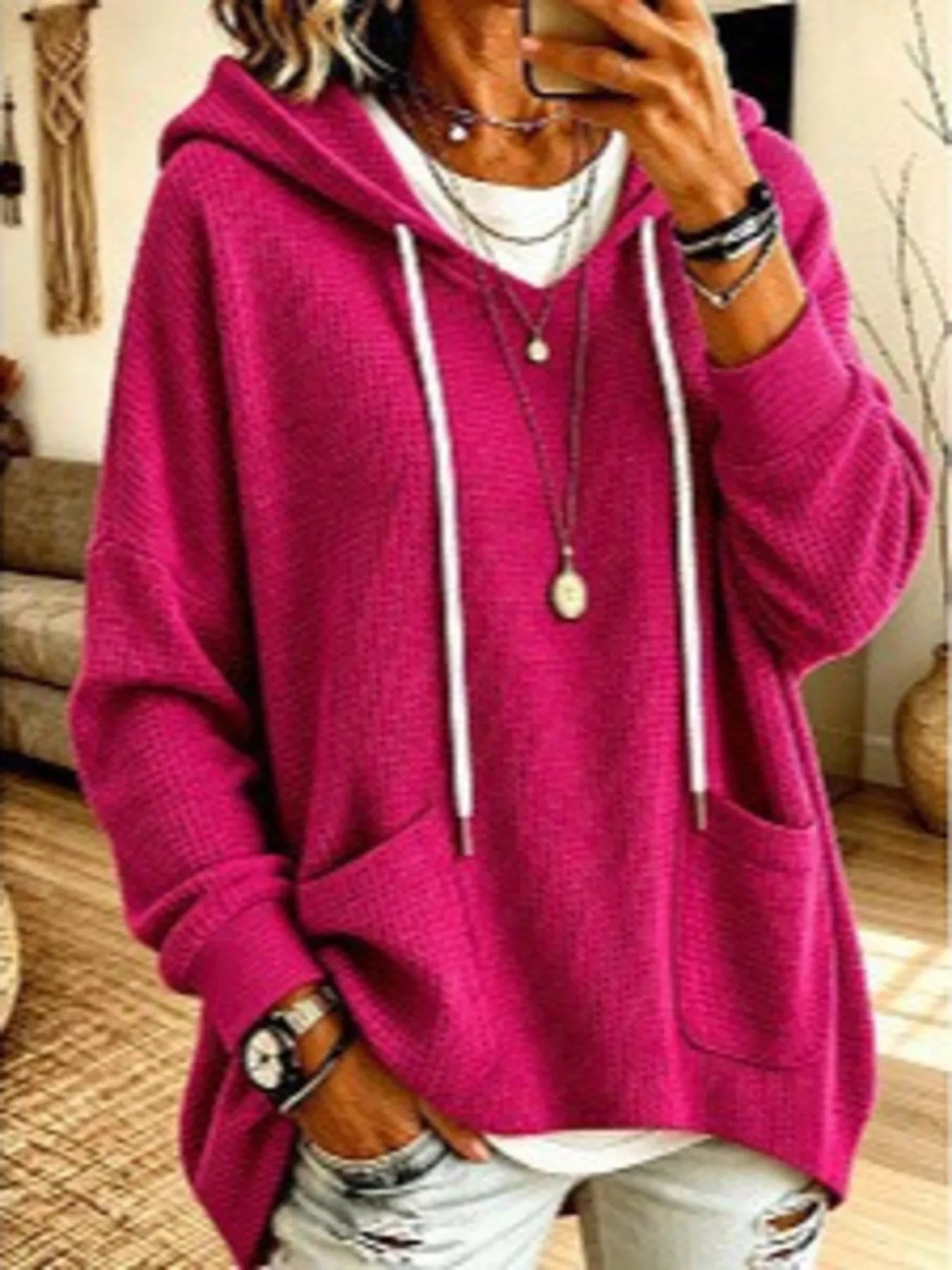 Full Size Waffle Knit Hoodie with Pockets Plus Size