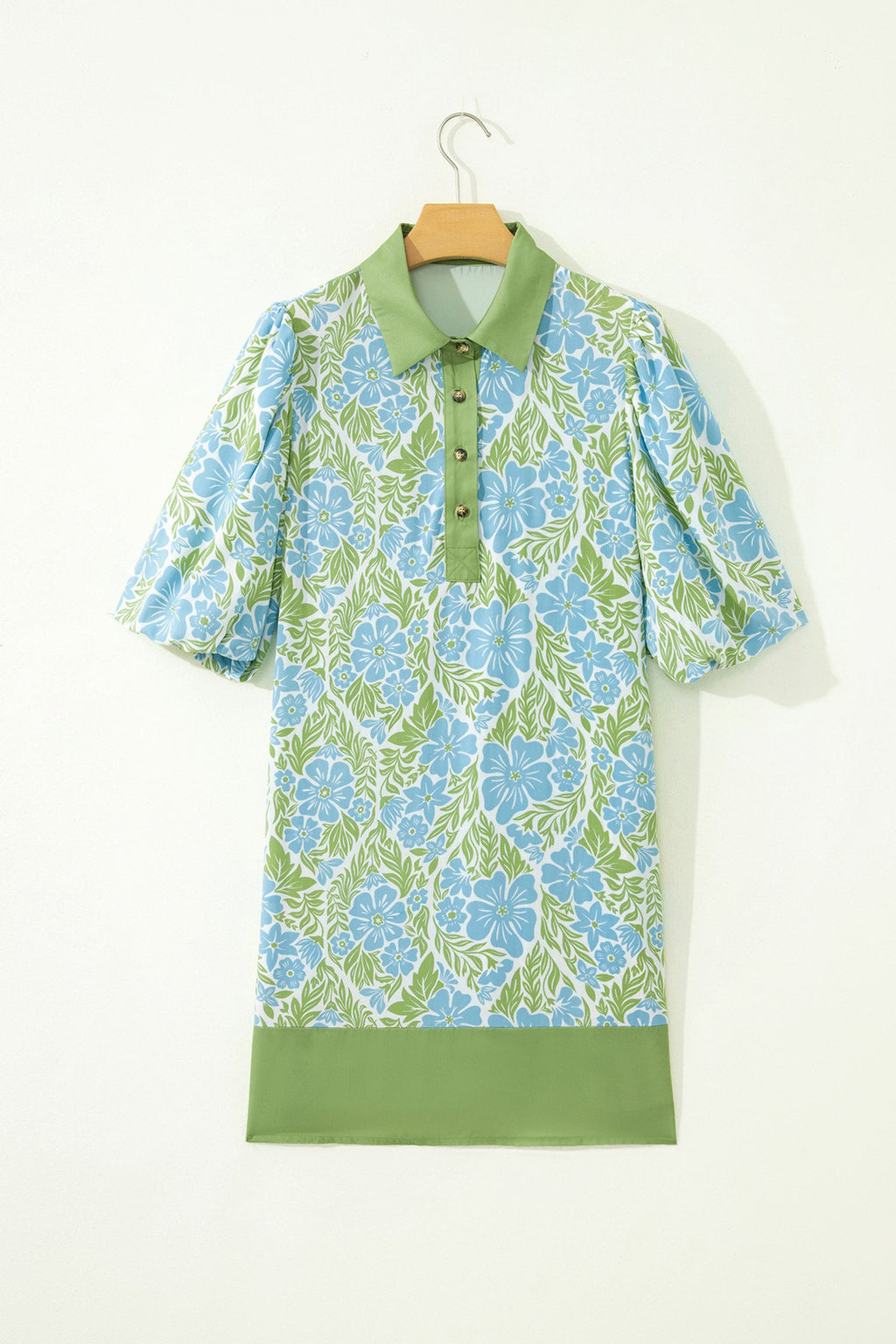 Sky Blue Floral Print Color Block Patchwork Shirt Collar Half Sleeve Mini Dress