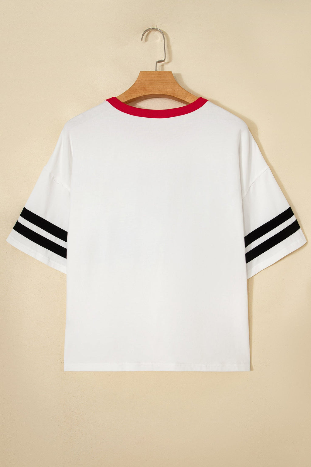 White USA Letter Printed Varsity Striped Sleeve Round Neck Tee
