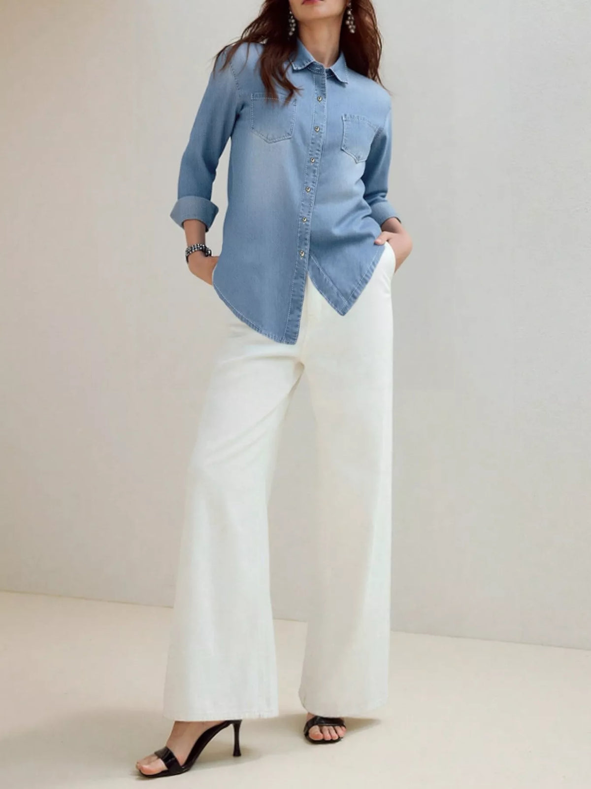 Full Size Button-Up Long Sleeve Denim Shirt Plus Size
