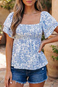 Sky Blue Floral Print Square Neck Ruffled Sleeve Shirred Babydoll Blouse