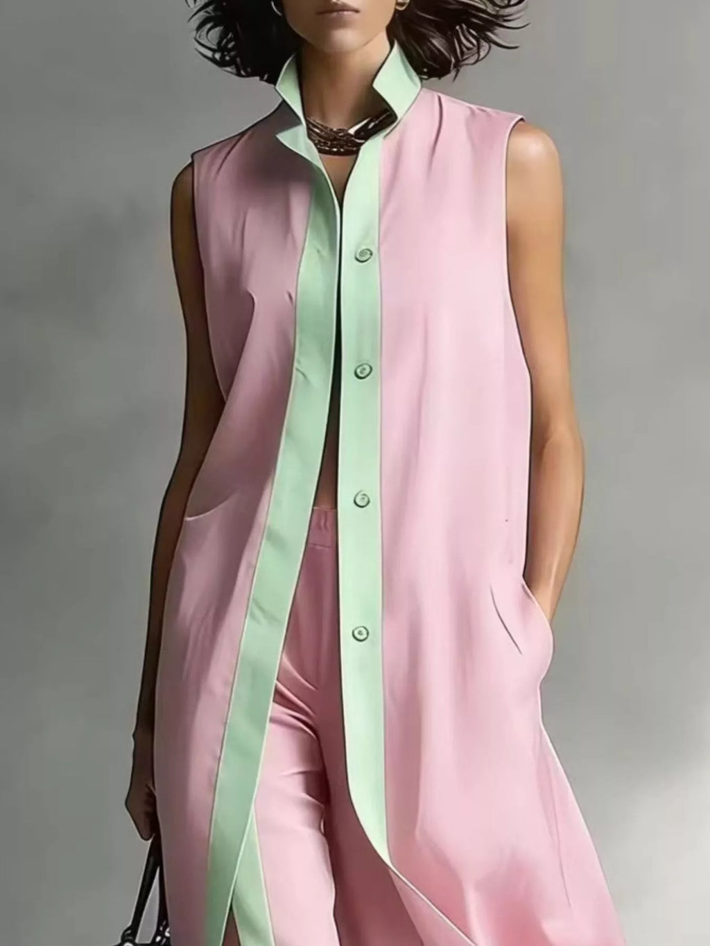 Full Size Sleeveless Longline Vest and Wide‑Leg Pants Set Plus Size