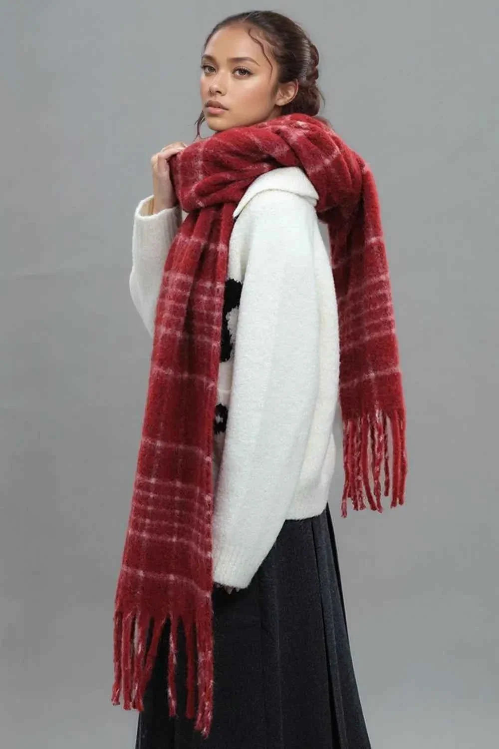 Oversized Fringe Plaid Thermal Scarf