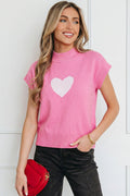 Pink Valentine Heart Graphic Cropped Short Sleeve Sweater