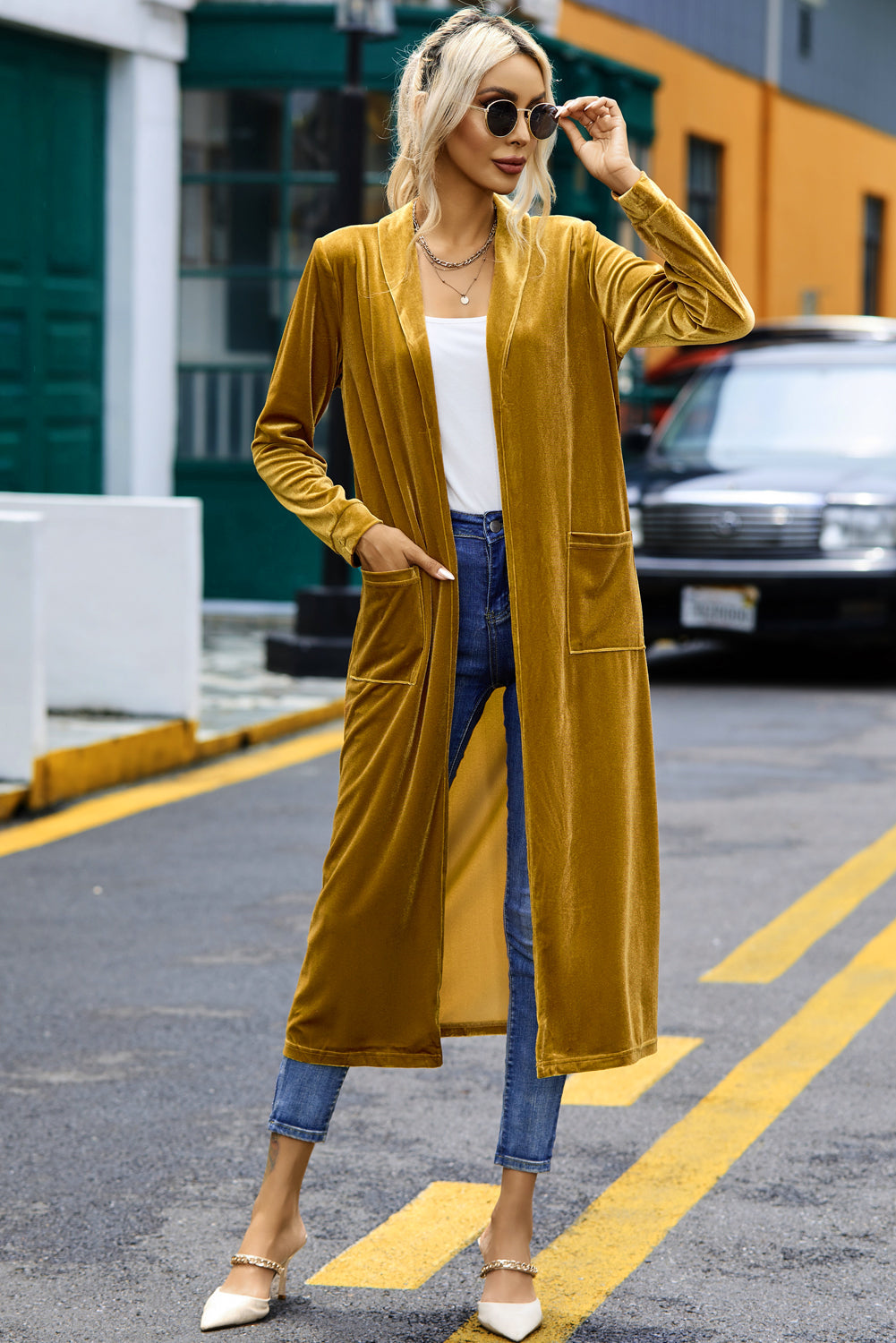 Velvet Open-Front Pocketed Cardigan