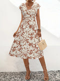 Printed V-Neck Cap Sleeve Midi Dress