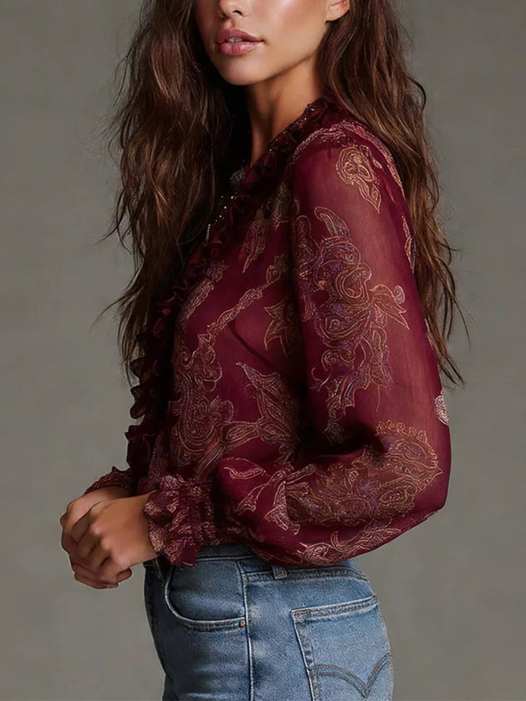 Full Size Paisley Print Ruffle Trim Zip-Front Blouse Plus Size
