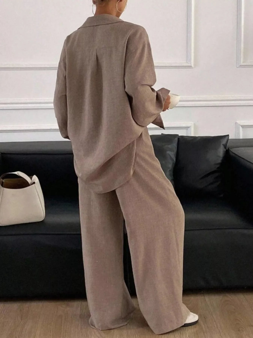 Button-Down Shirt and Wide-Leg Pants Set