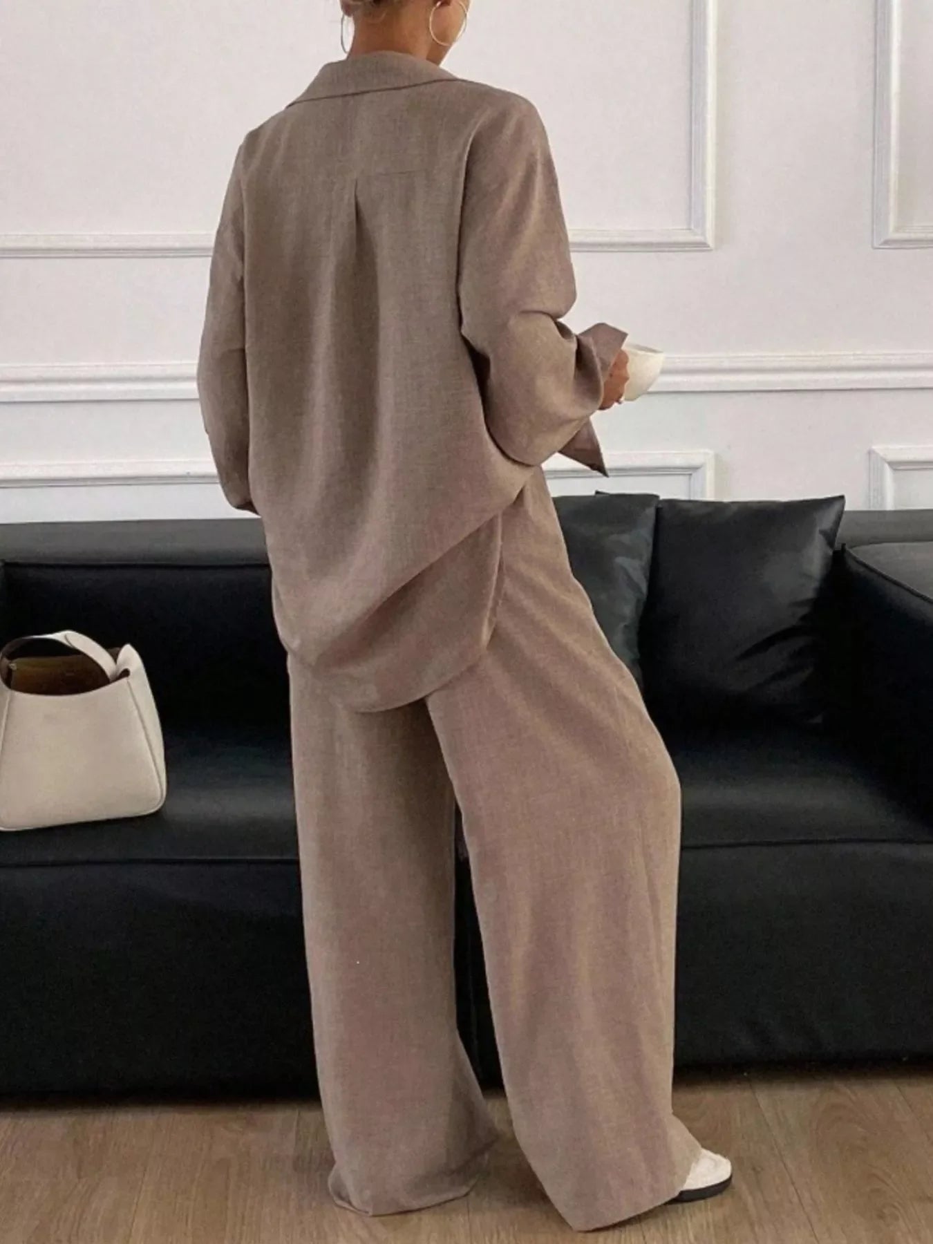 Button-Down Shirt and Wide-Leg Pants Set
