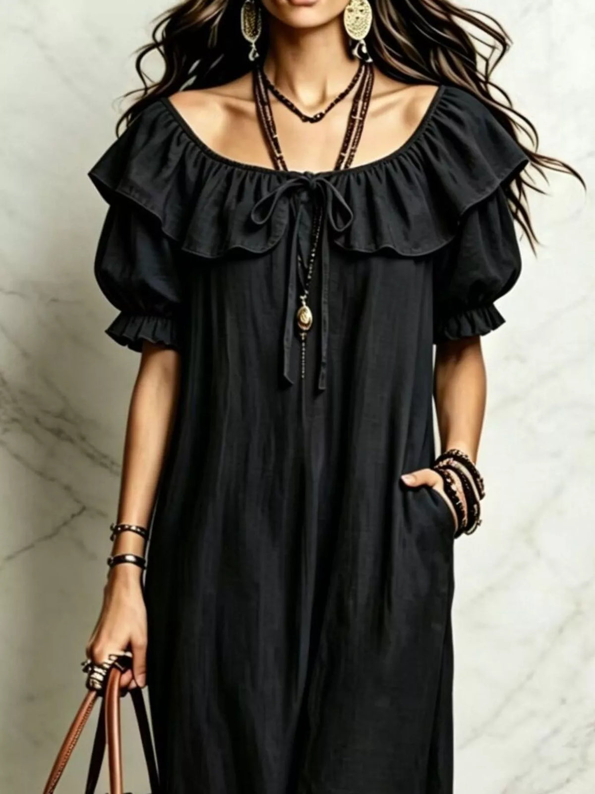 Ruffle Trim Puff Sleeve Maxi Dress