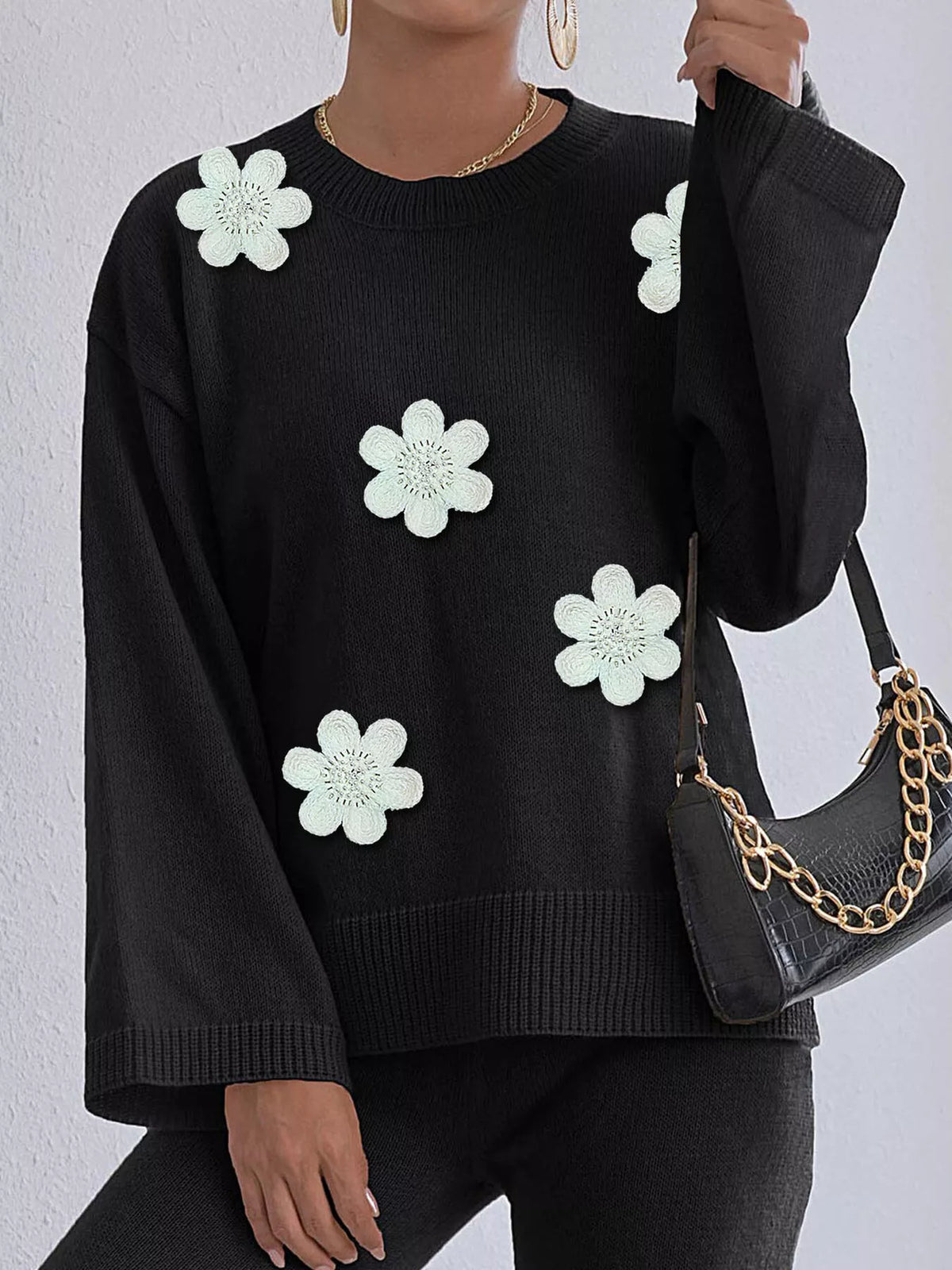 Floral Applique Crew Neck Sweater