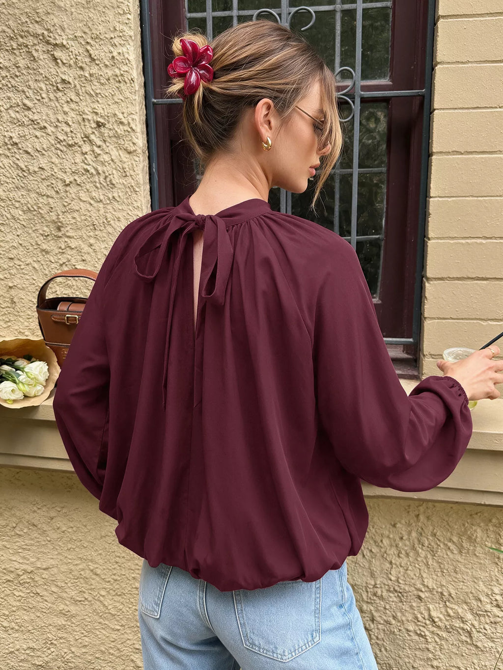 Tie Back Balloon Sleeve Blouse
