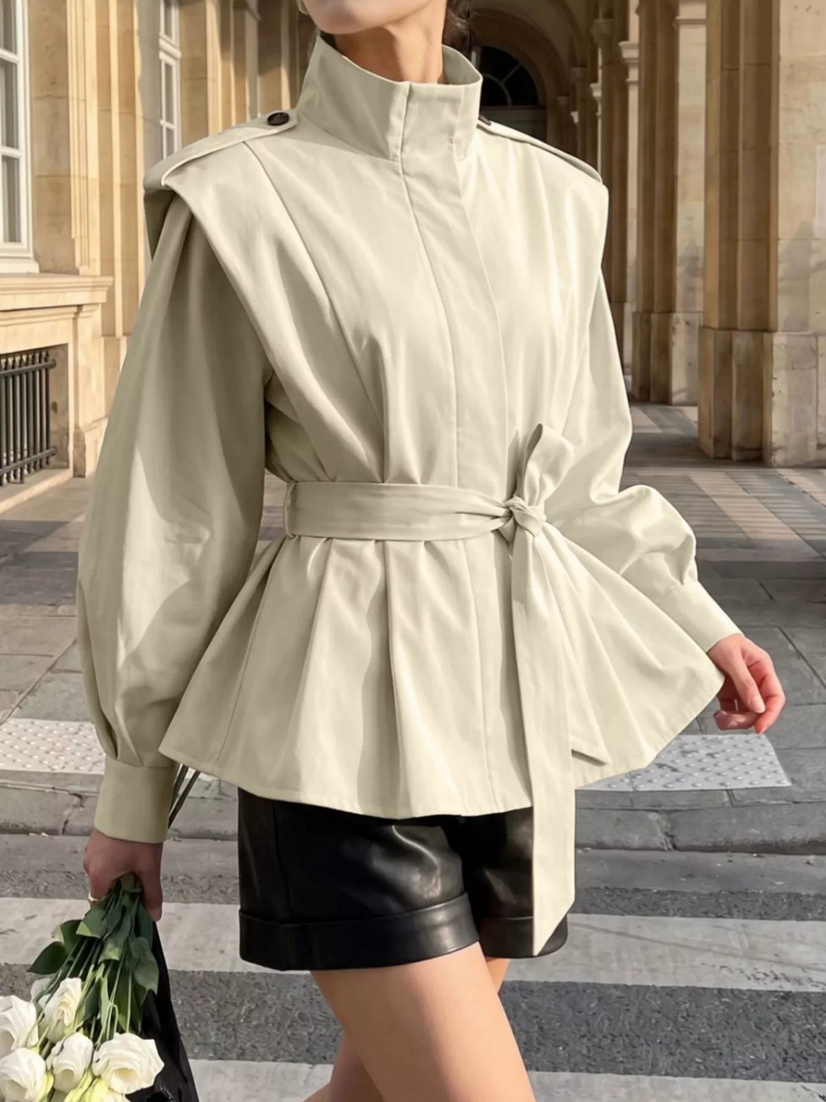 Stand-Collar Belted Outerwear