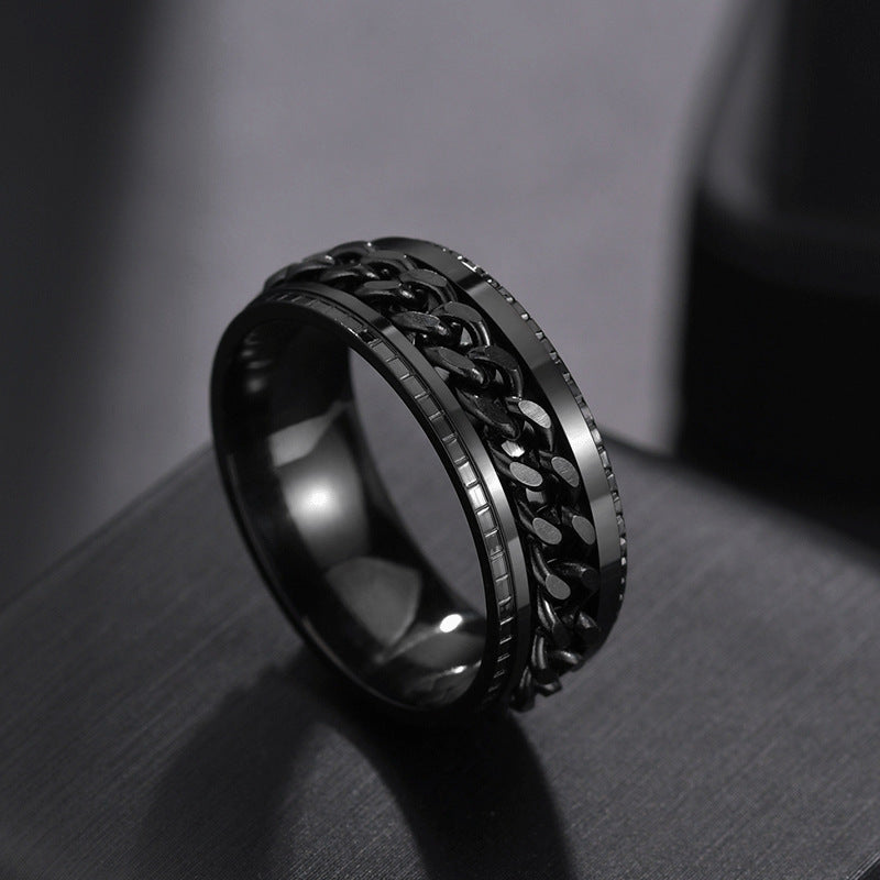 Stainless Steel Rotating Cuban Chain Spinner Ring For Men
