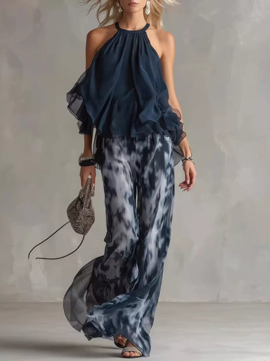 Sleeveless Top and Tie-Dye Wide-Leg Pants Set