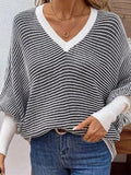 V-Neck Striped Batwing Sleeve Sweater