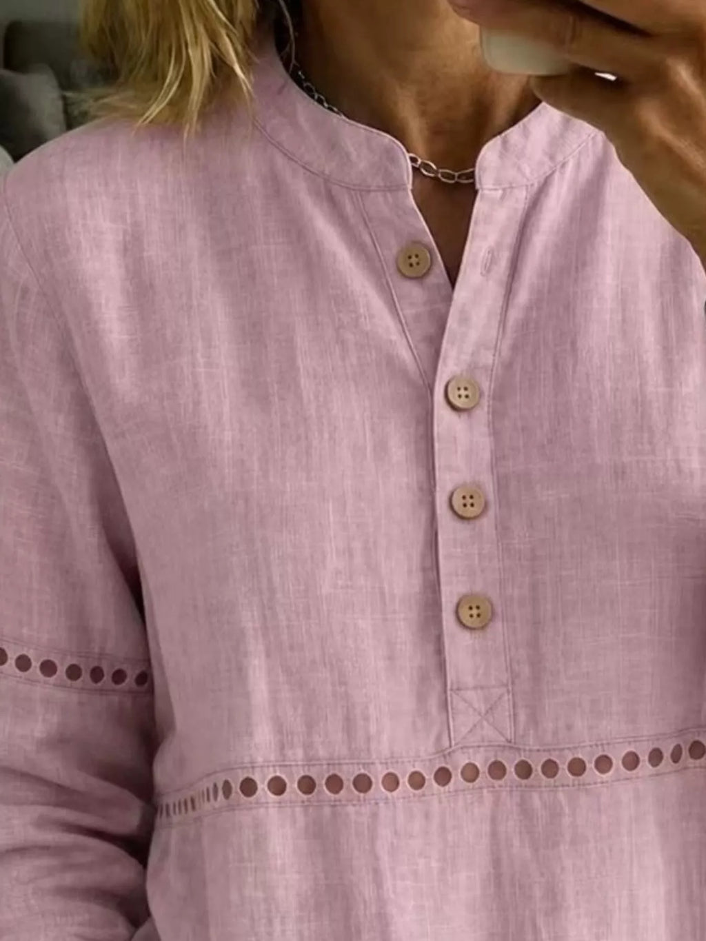Full Size Button Detail Eyelet Long Sleeve Blouse Plus Size