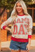Oatmeal GAME DAY Letter Graphic Varsity Striped Detail Baggy Sweatshirt
